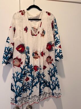 Soft Surroundings Fish Coral Print Cotton Tunic Dress Beaded Trim Size M